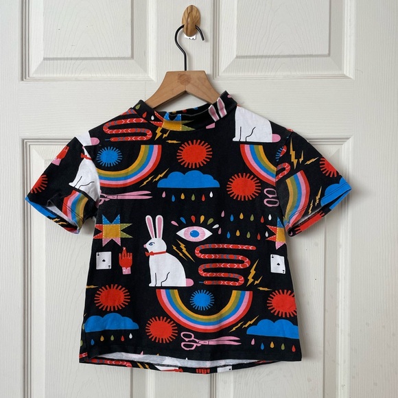 Nooworks Tops - Nooworks rainbow bunny mixed print mock neck crop top
